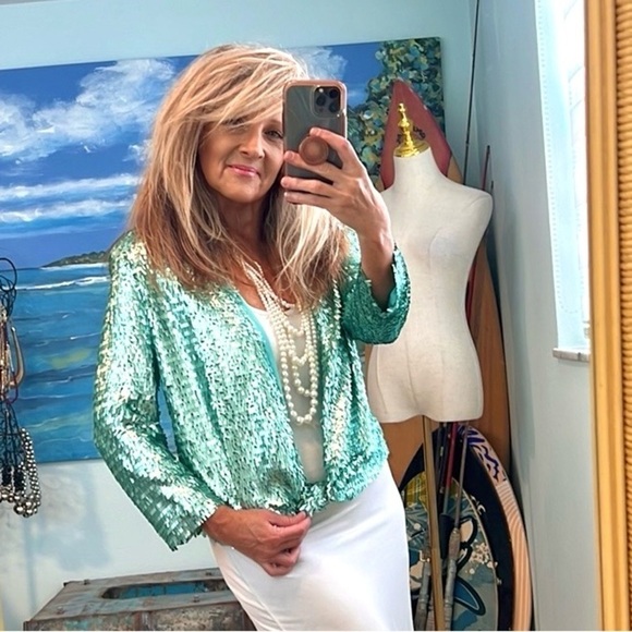 Alberto Makali Tops - NWT,Alberto Makali,Statement Piece,Metallic Pull-Closed Cape,Unique Seafoam-Teal